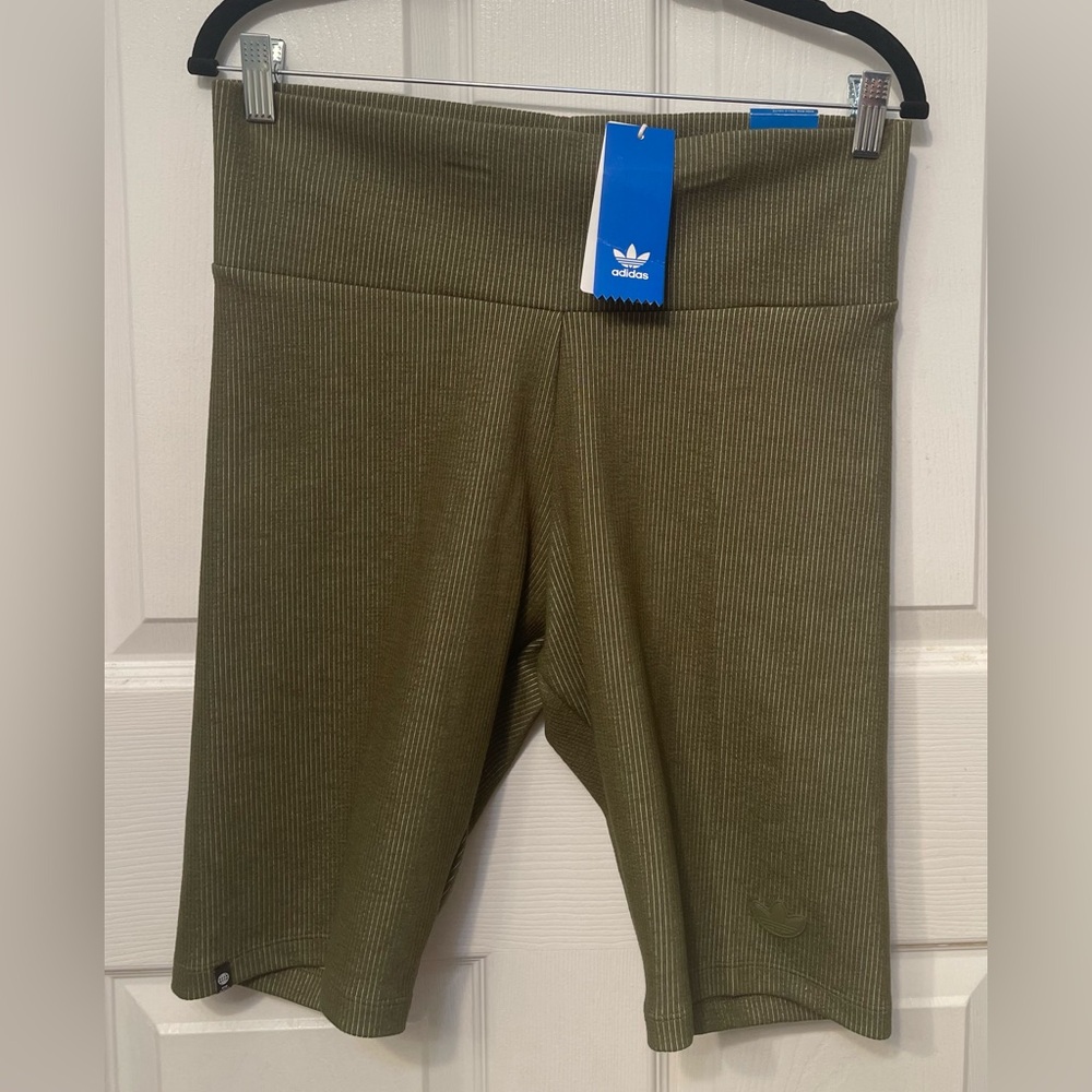 Adidas Green Ribbed High Rise Short Leggings/Bike Shorts